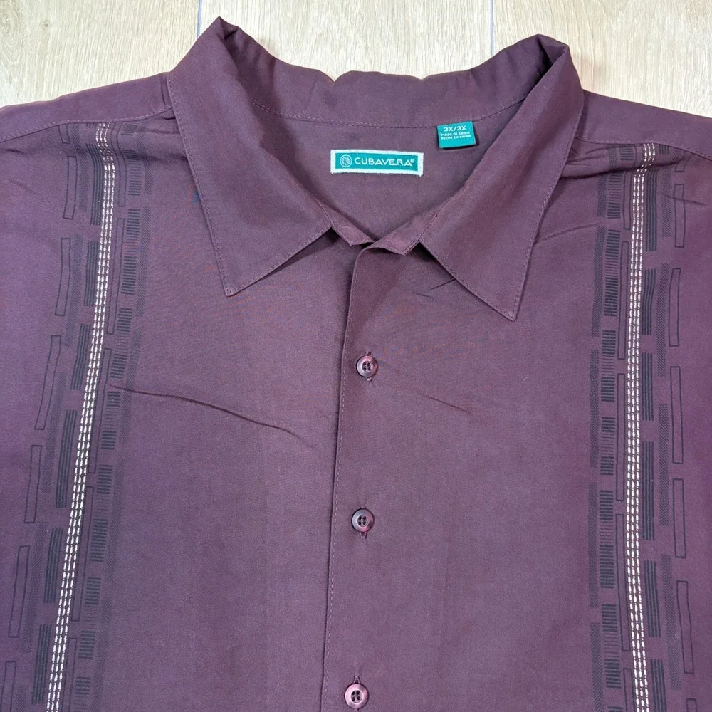 Cubavera Mens 3XL Burgundy Red Embroidered Guayabera Short Sleeve Camp Shirt